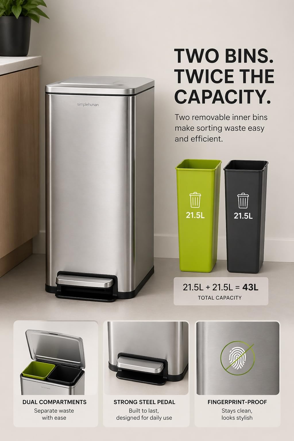 43L Dual Recycling Bin Stainless Steel A635974