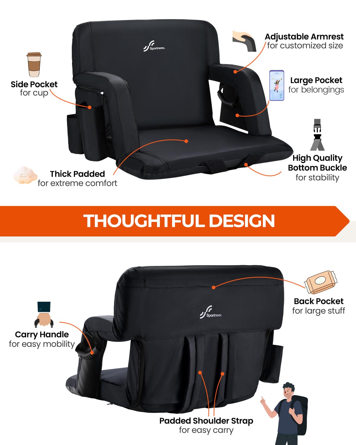 Stadium Seats with Back Support 2.5'' Thick Cushion 6 Adjustable Angle Bleacher Seat with Armrest R460