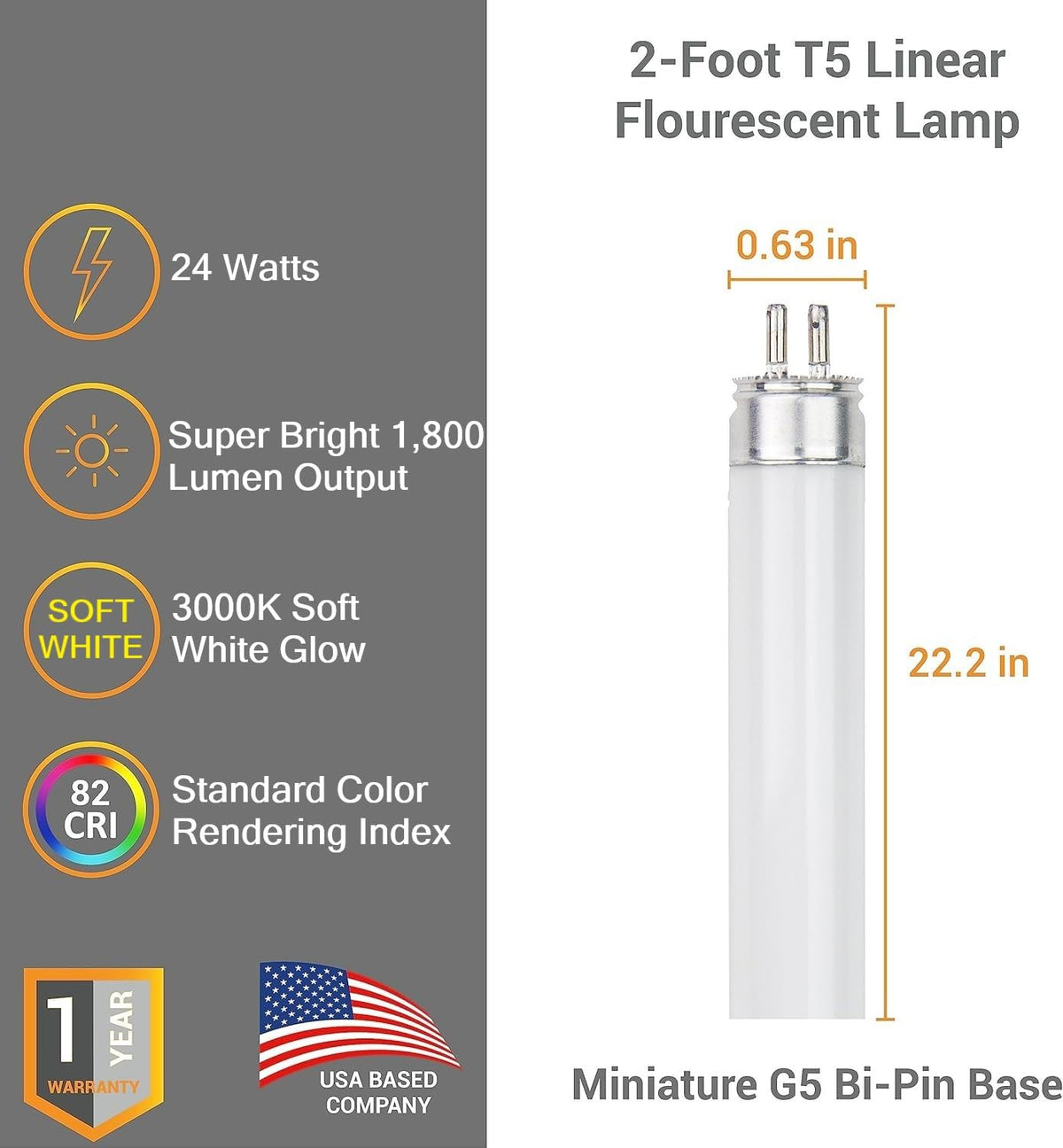 24 Inch T5 Fluorescent Bulb G5 Miniature Bipin Base High Output 1800 Lumens 3000K Soft White 24W Linear Tube Pack of 40 T1377