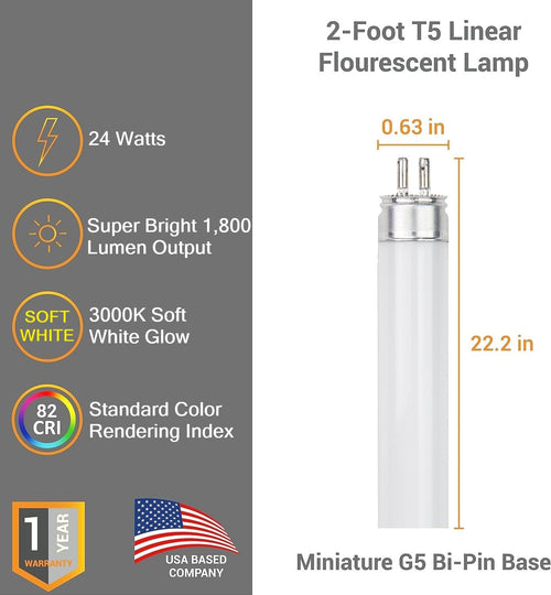 24 Inch T5 Fluorescent Bulb G5 Miniature Bipin Base High Output 1800 Lumens 3000K Soft White 24W Linear Tube Pack of 40 T1377