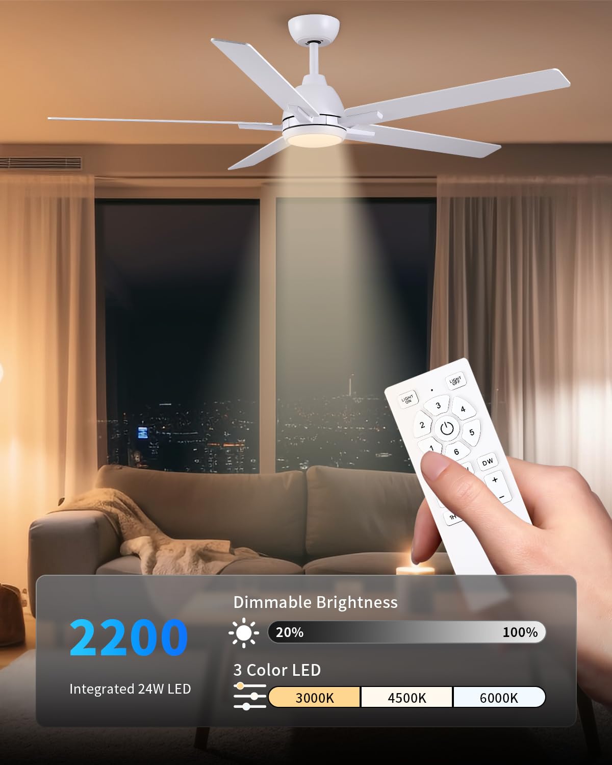 60 Inch White Ceiling Fan with Light & Remote J50809