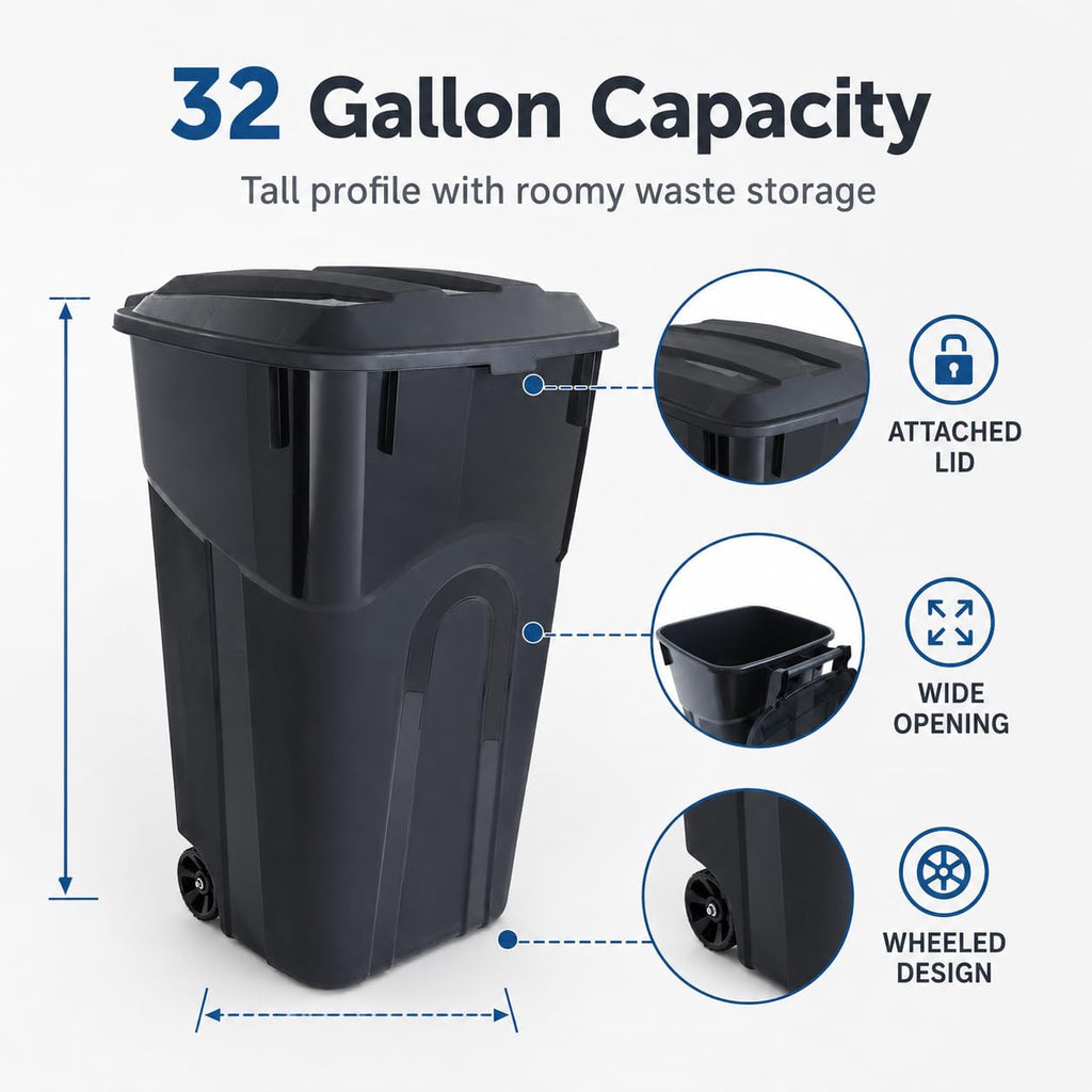 32-Gallon Heavy-Duty Wheeled Trash Can with Click-Lock Lid N73246