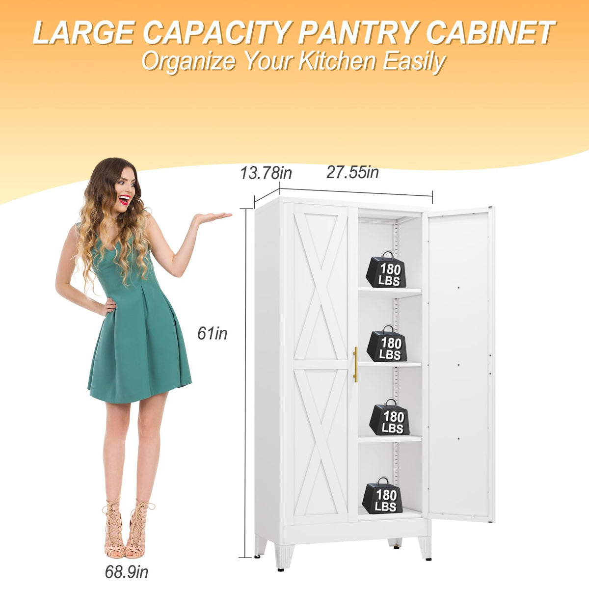 61" Metal Kitchen Pantry Storage Cabinet with 2 Doors and 3 Adjustable Shelves H7546