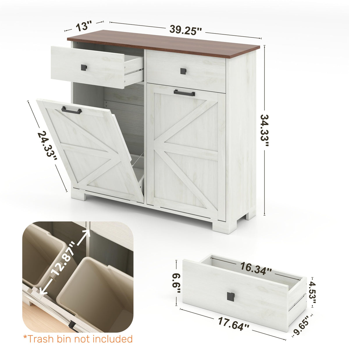 Antique White Wooden Tilt Out Trash Cabinet with 2 Storage Drawers X18880