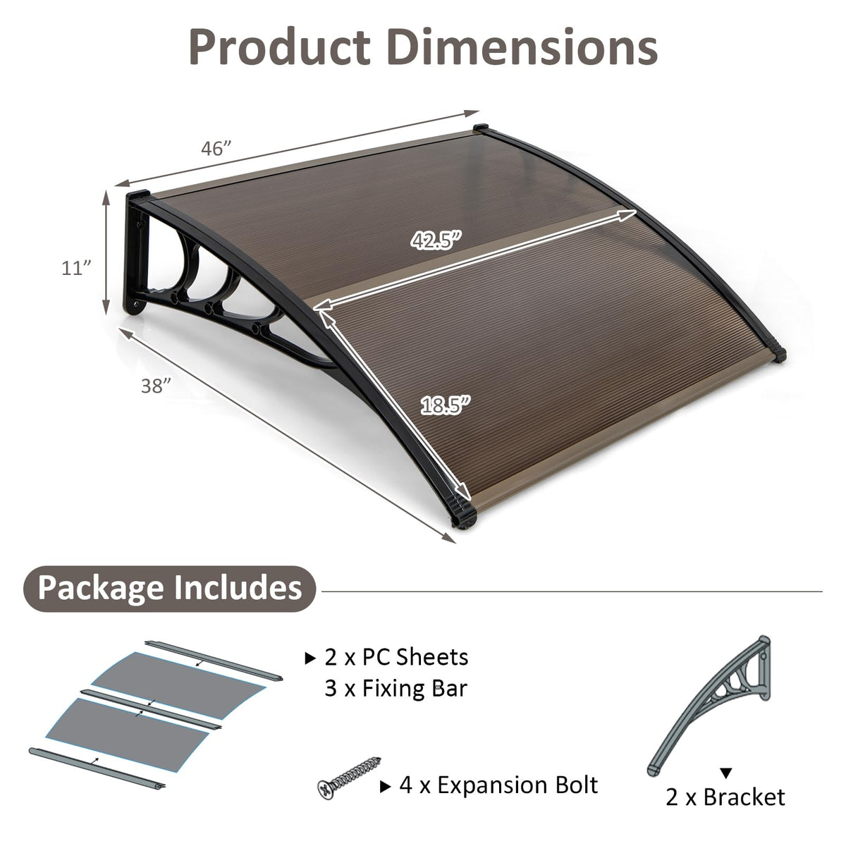 46”x38” UPF 50+ Polycarbonate Window Door Awning Q177119