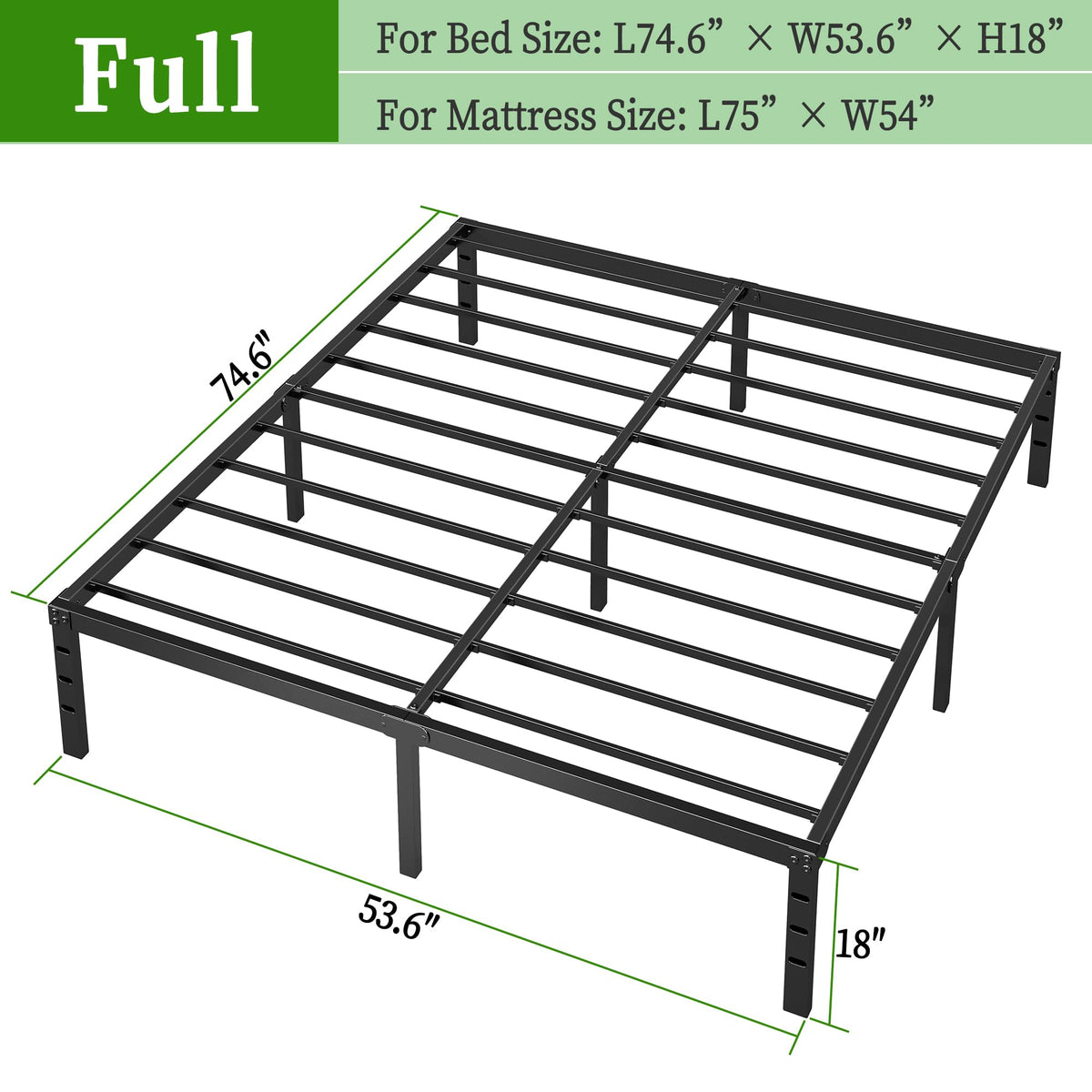 Black Metal Platform Bed Frame Full Size, 18 Inch Height with Underbed Storage M729