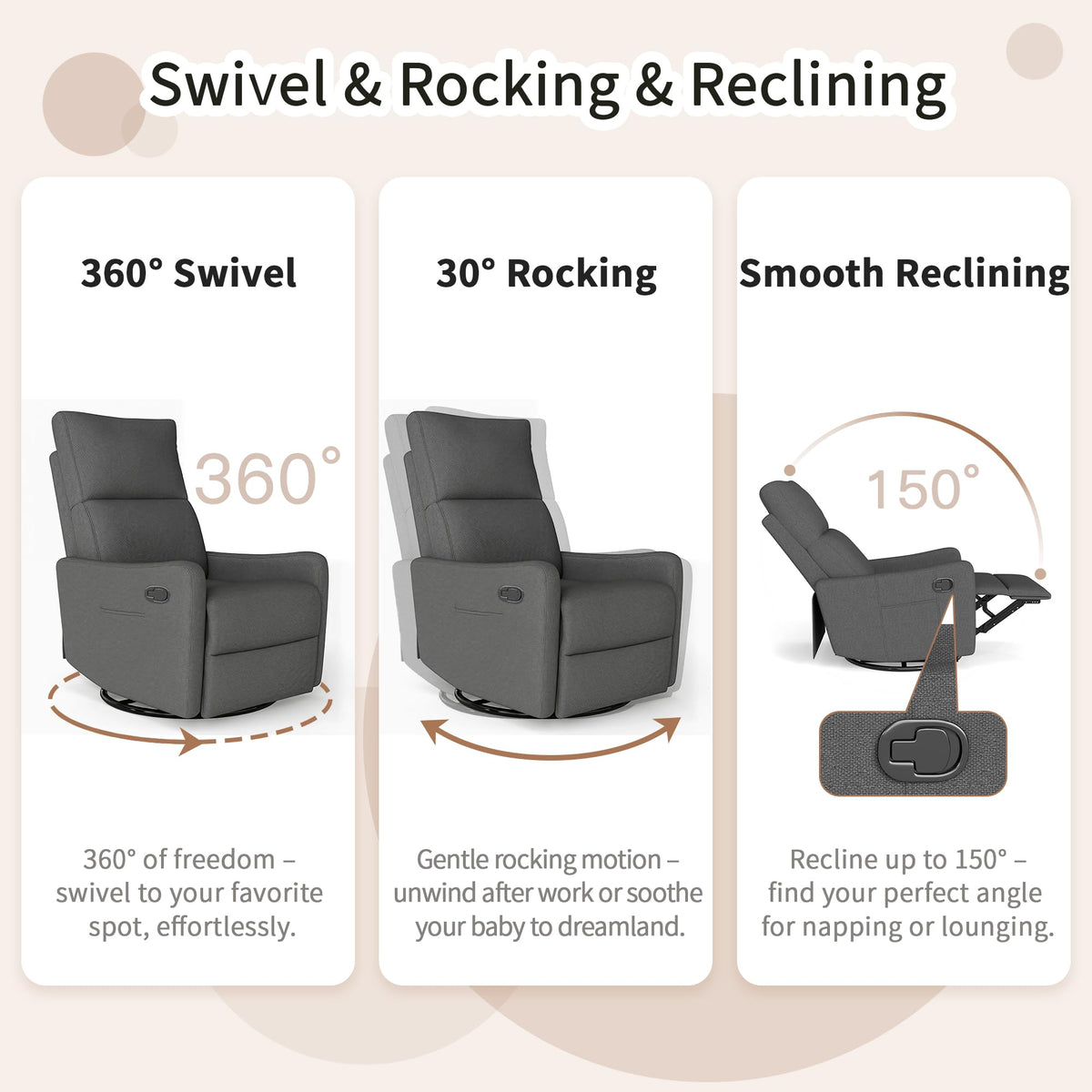 Dark Gray Swivel Rocker Recliner Chair O231078