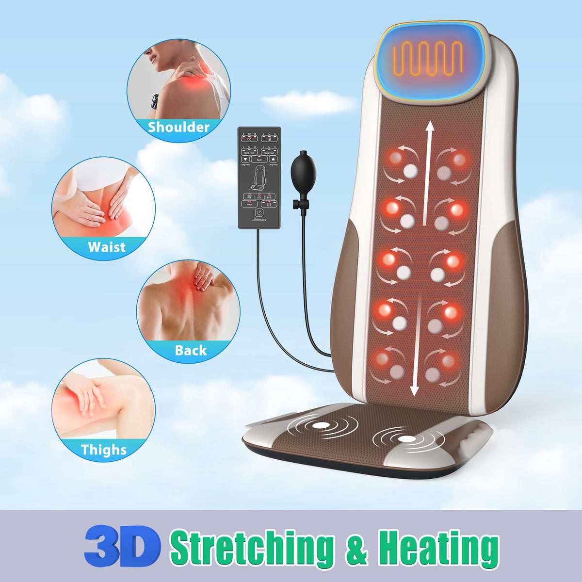 Shiatsu Back Massager with Heat, 2 Vibration Motors, PU Leather W746