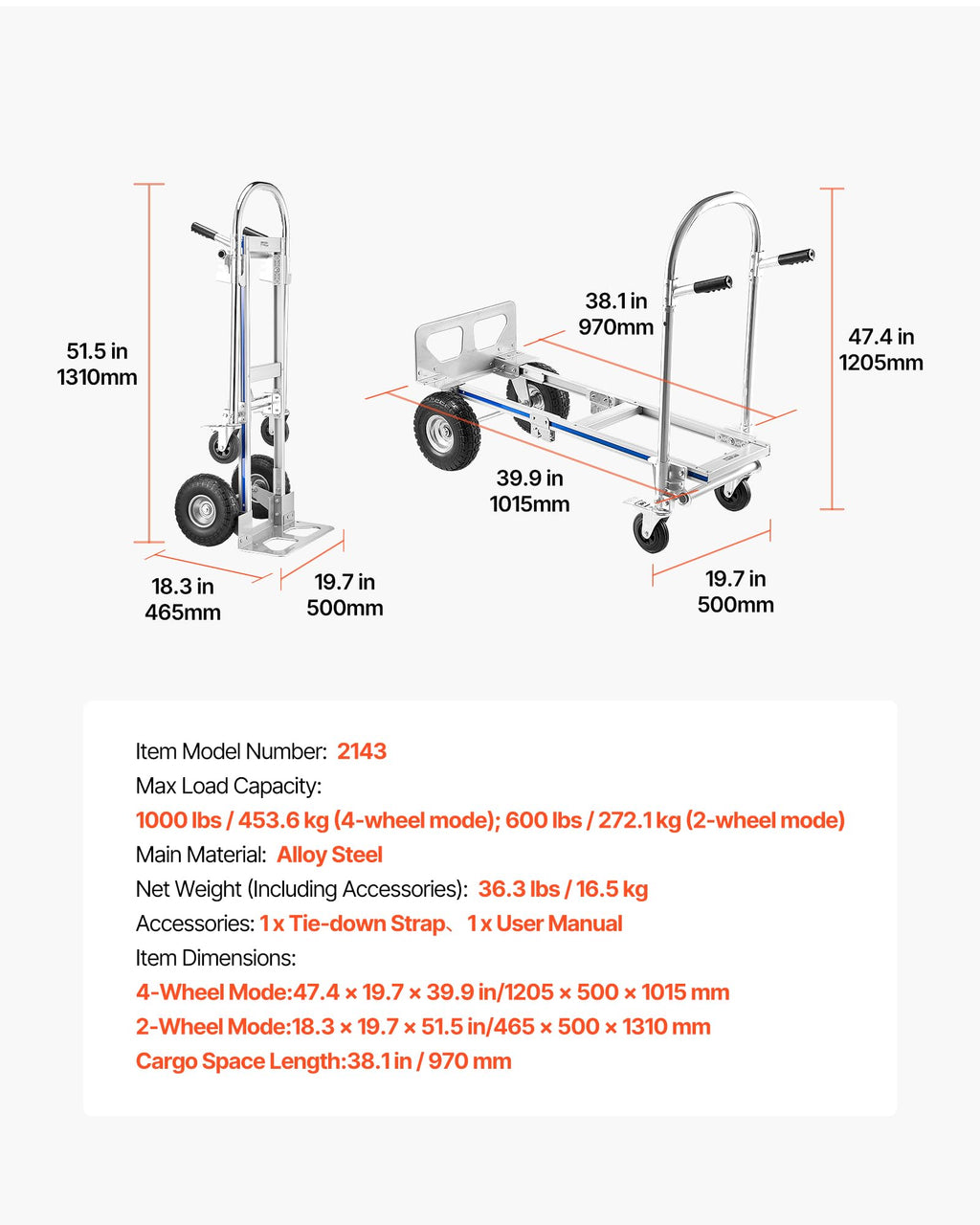2 in 1 Convertible Hand Truck Dolly 1000 lbs Q348233