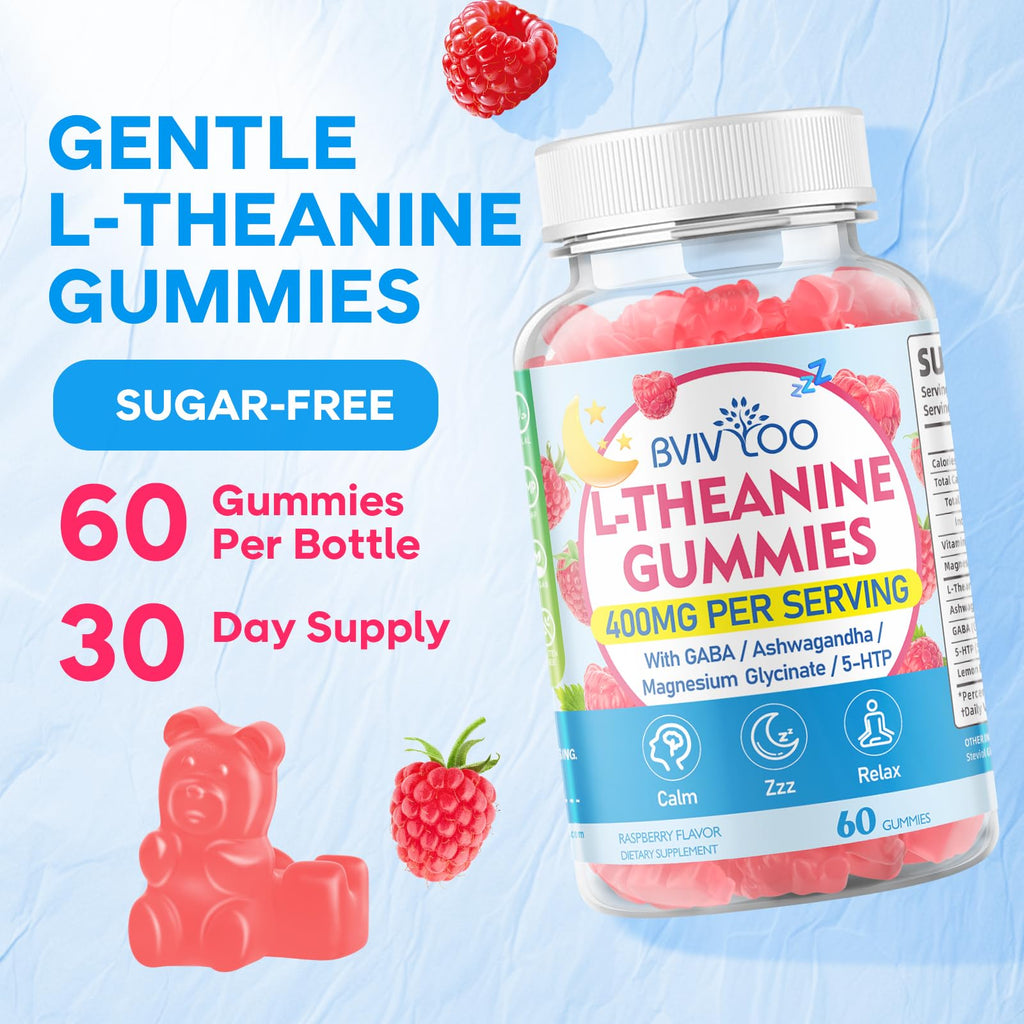 L-Theanine Gummies with Ashwagandha, GABA, 5-HTP, Magnesium Glycinate, Raspberry, 60 Count Y305