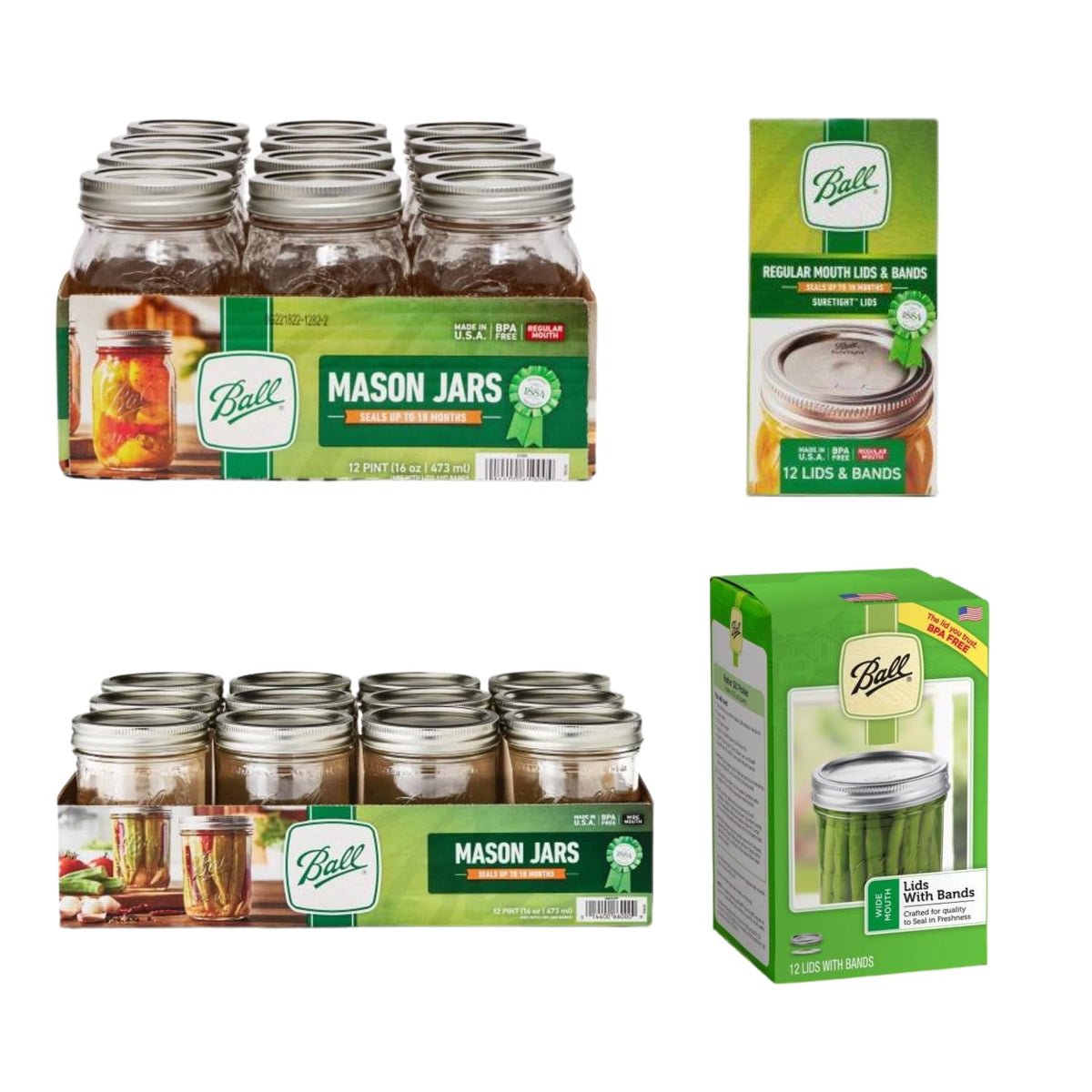 Glass Mason Jars, Pint Size 16 Ounce, Wide Mouth and Regular Mouth with Lids & Bands W20156