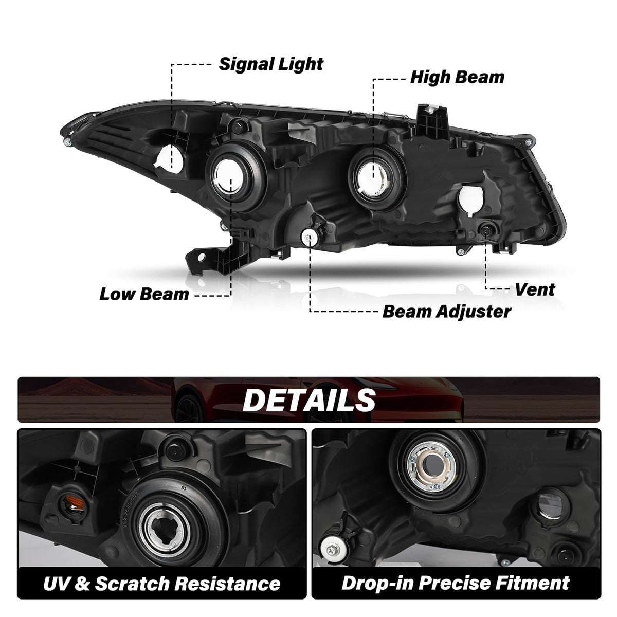 Headlight Assembly Replacement Chrome Housing with Amber Reflector L441