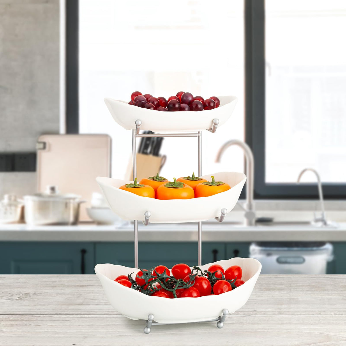 3 Tier Ceramic Fruit Bowl with Metal Stand I961505