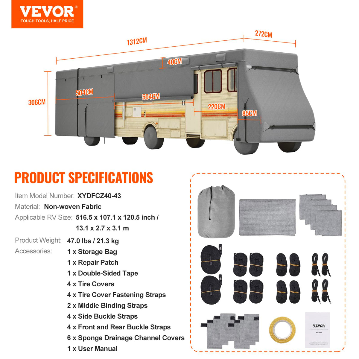 40-43 ft Non-Woven Fabric Waterproof RV Cover with Storage Bag C871