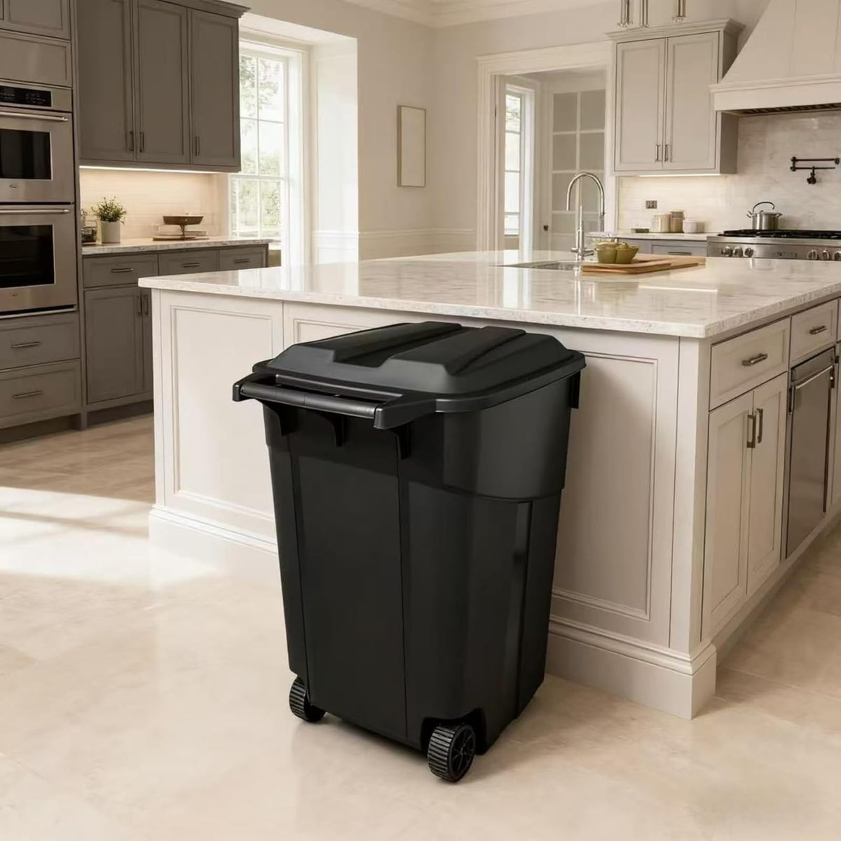 Black 45 Gallon Wheeled Heavy Duty Plastic Trash Can with Lid B484