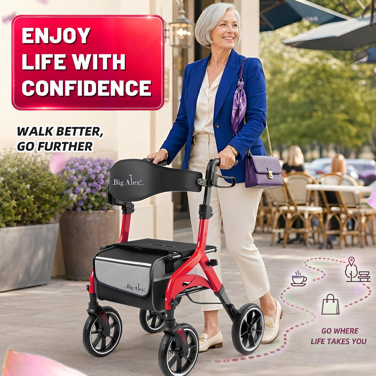 Foldable Red Rollator Walker with Seat Q581273