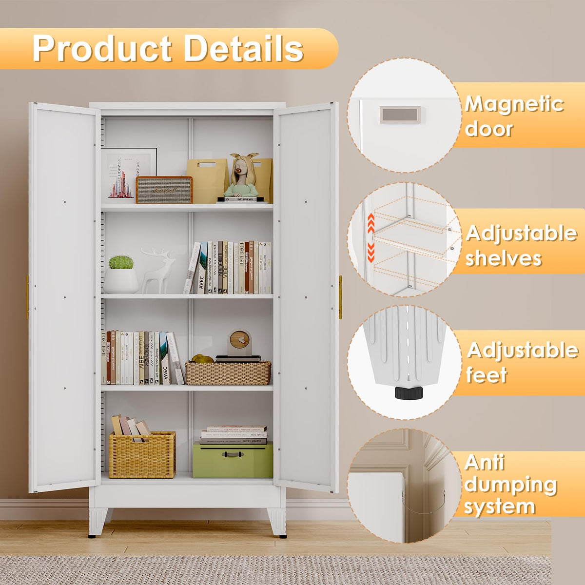 61" Metal Kitchen Pantry Storage Cabinet with 2 Doors and 3 Adjustable Shelves H7546