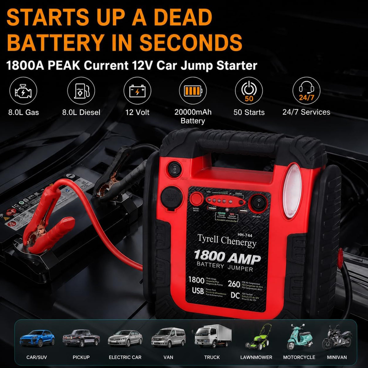 1800A 20000mAh 12V Jump Starter & Portable Air Compressor J7197