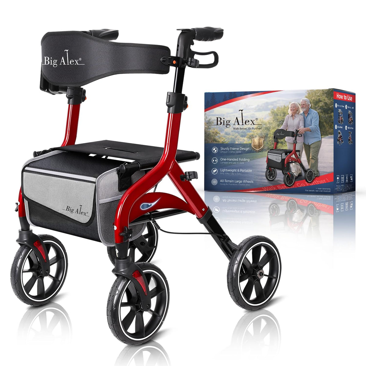 Foldable Red Rollator Walker with Seat Q581273