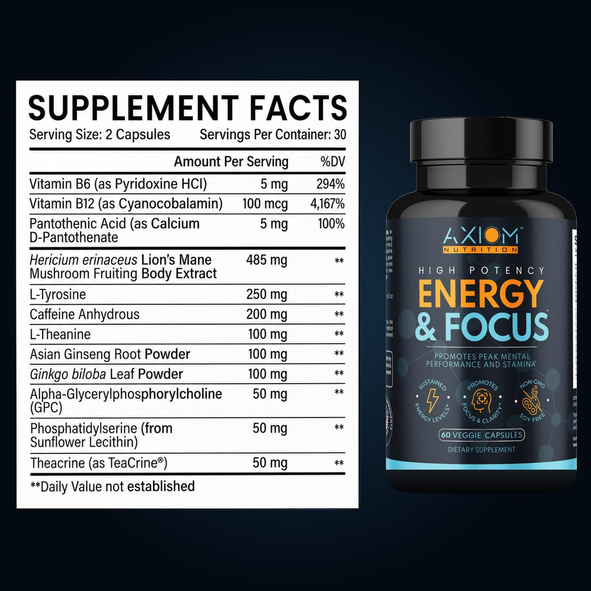 200mg Caffeine Lions Mane Mushroom 60 Capsules W7668
