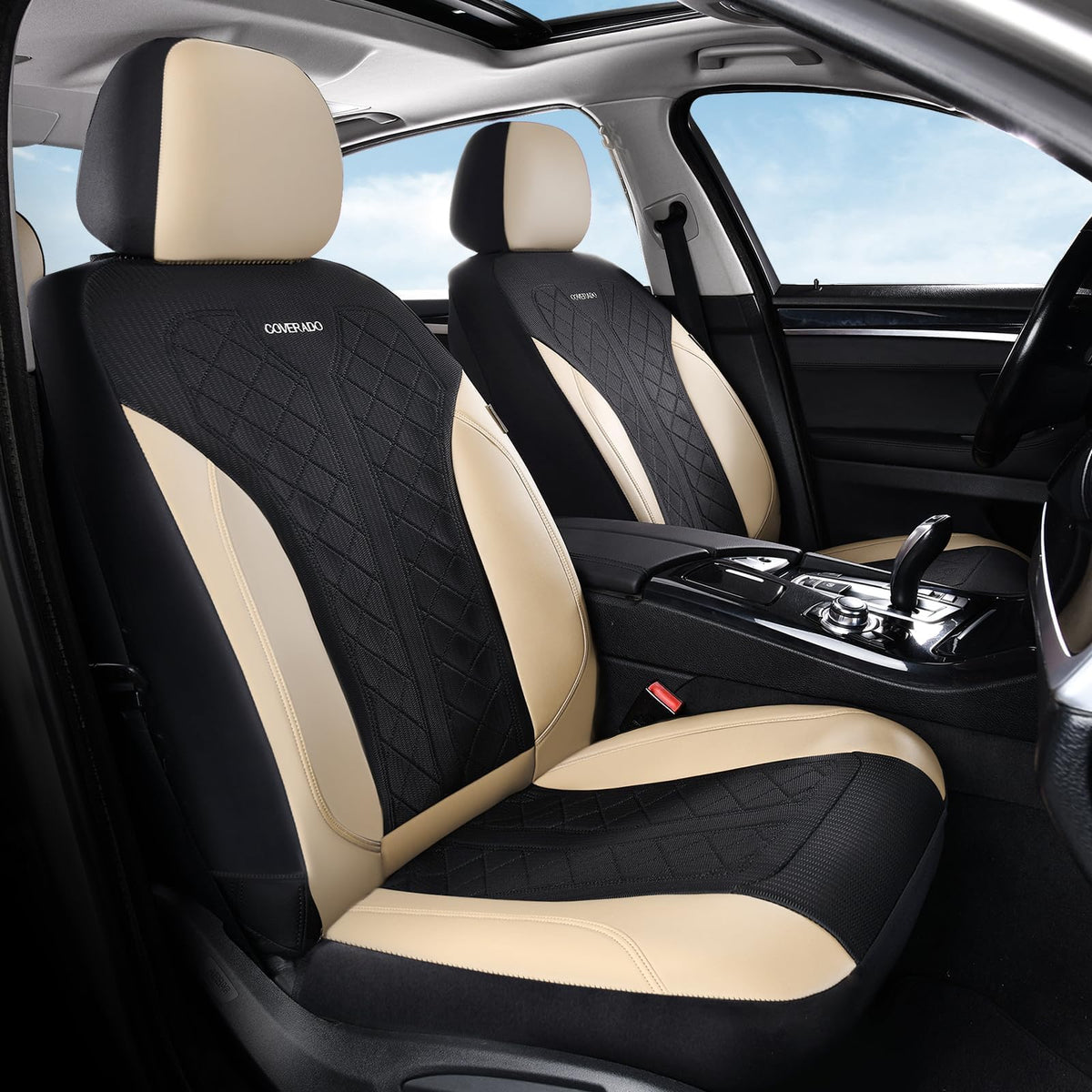 Beige 5-Piece PU Leather Mesh Car Seat Covers U77553