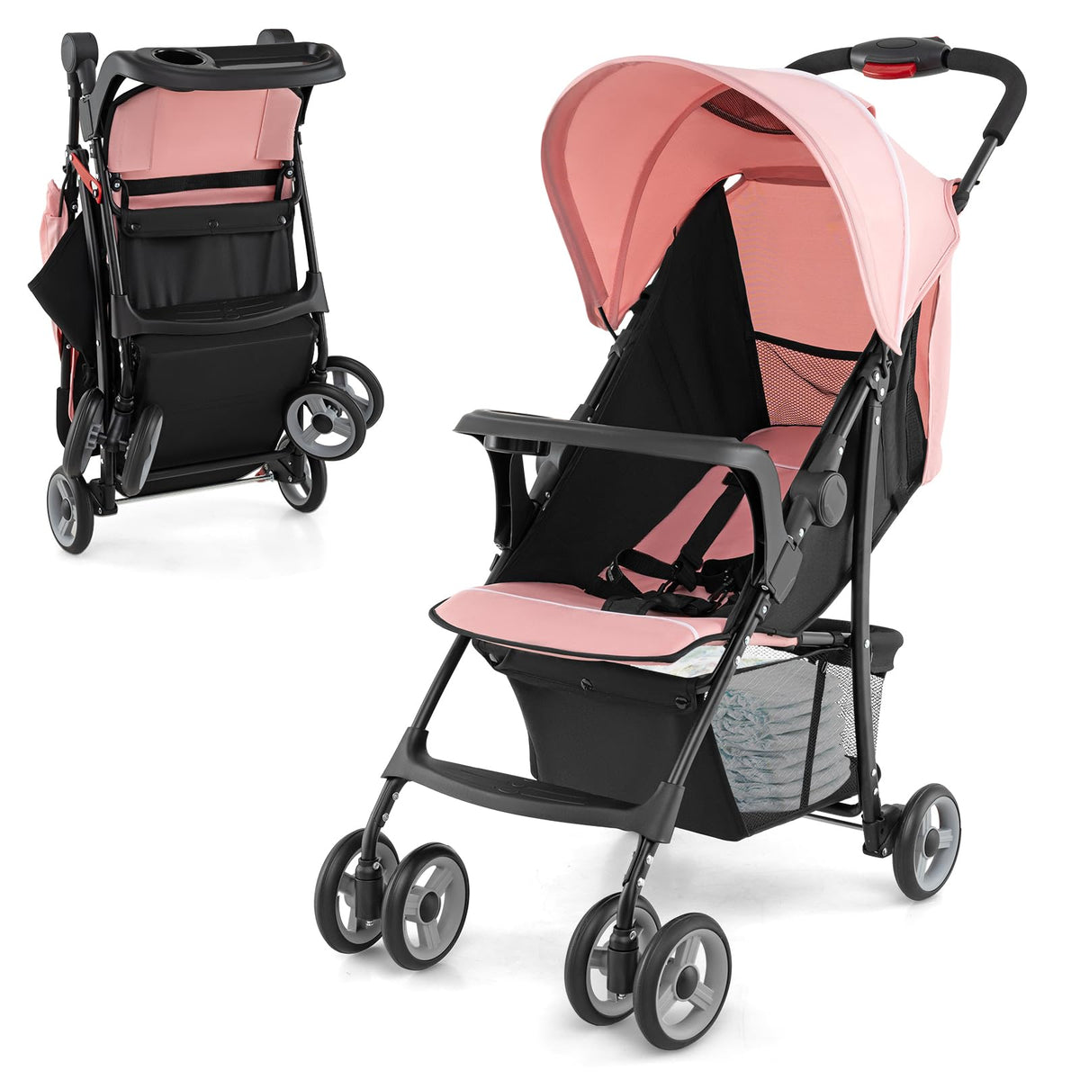 Lightweight Compact Fold Stroller with Canopy & Storage Basket, Pink V255485