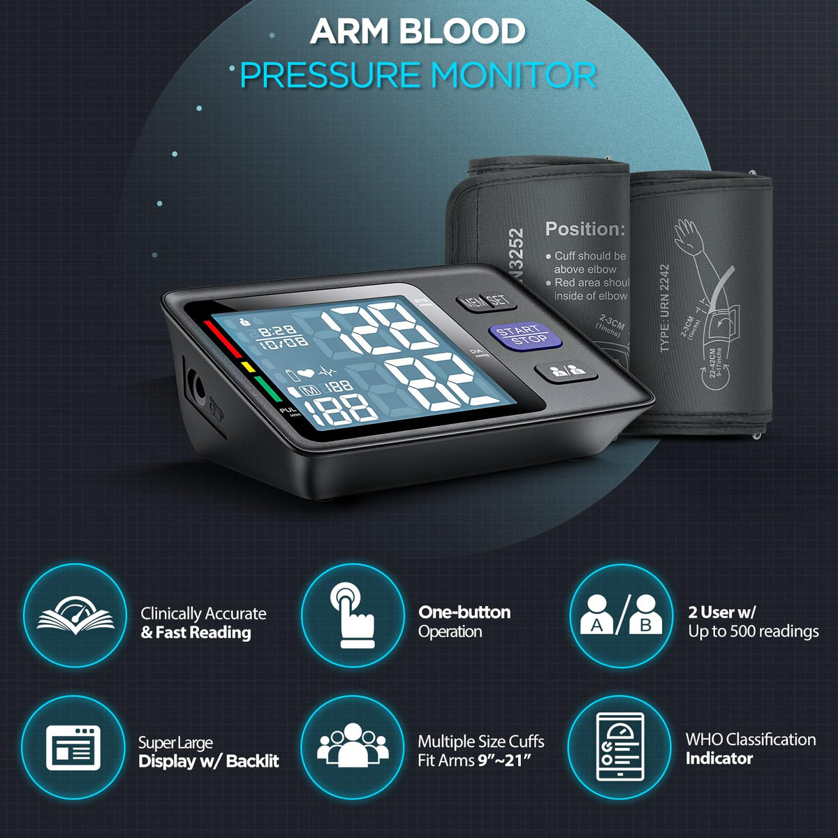 Upper Arm Blood Pressure Machine with 2 Size Cuffs T686