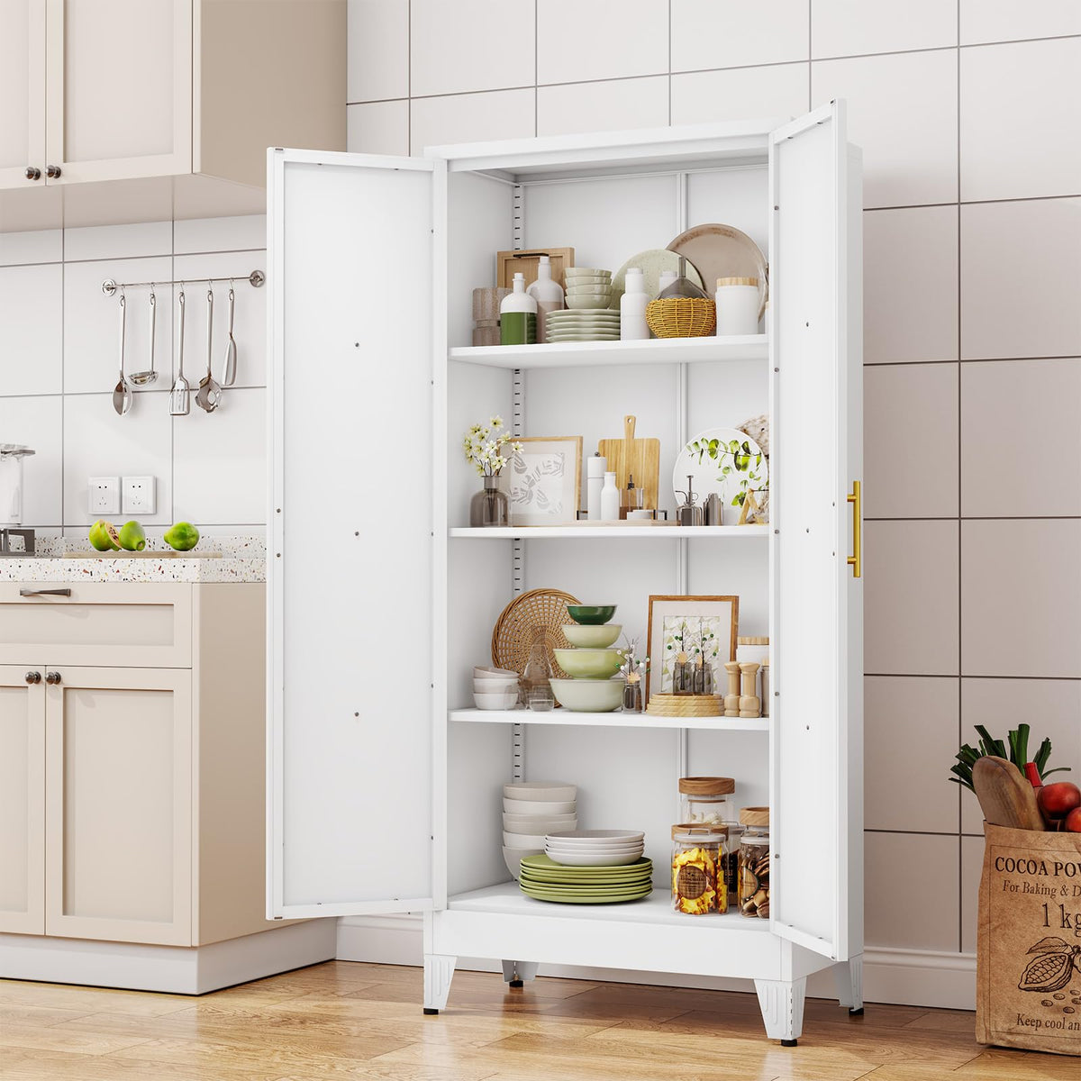 61" Metal Kitchen Pantry Storage Cabinet with 2 Doors and 3 Adjustable Shelves H7546