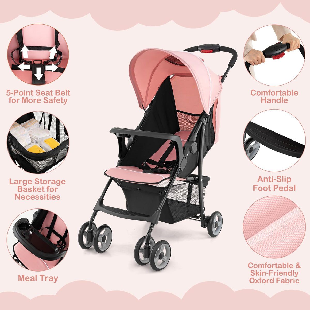 Lightweight Compact Fold Stroller with Canopy & Storage Basket, Pink V255485