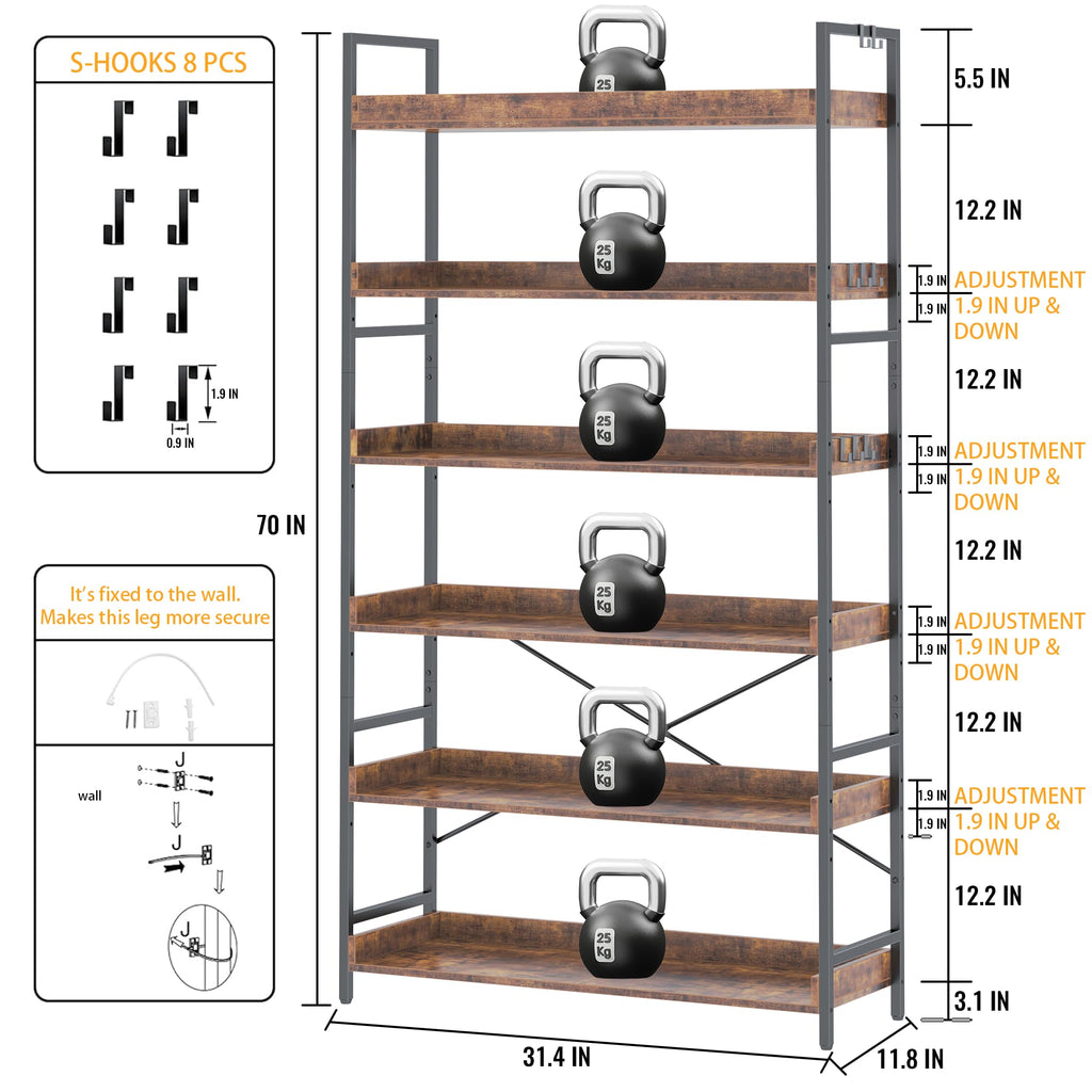Adjustable 6-Tier Wood and Black Metal Bookshelf R80129