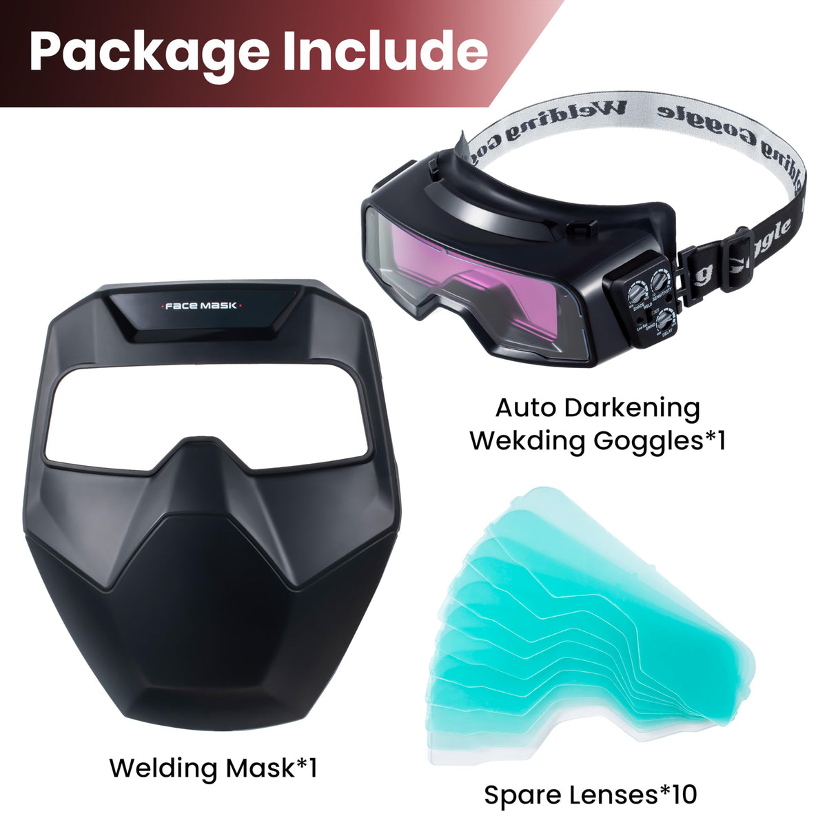 Auto Darkening Welding Goggles with Welder Mask and 10 Replacement Lenses F801