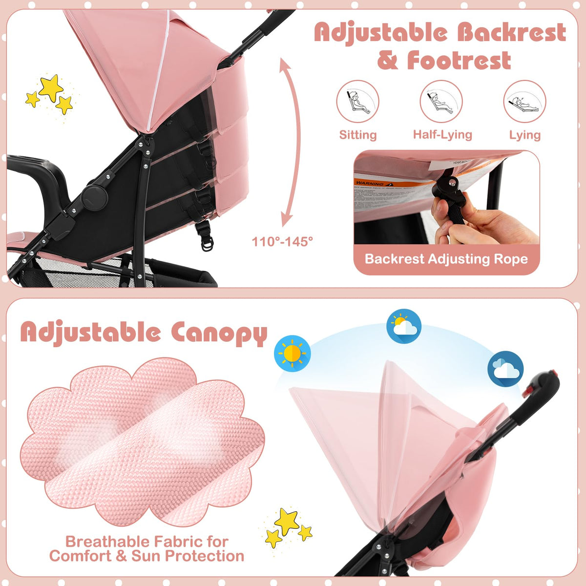 Lightweight Compact Fold Stroller with Canopy & Storage Basket, Pink V255485
