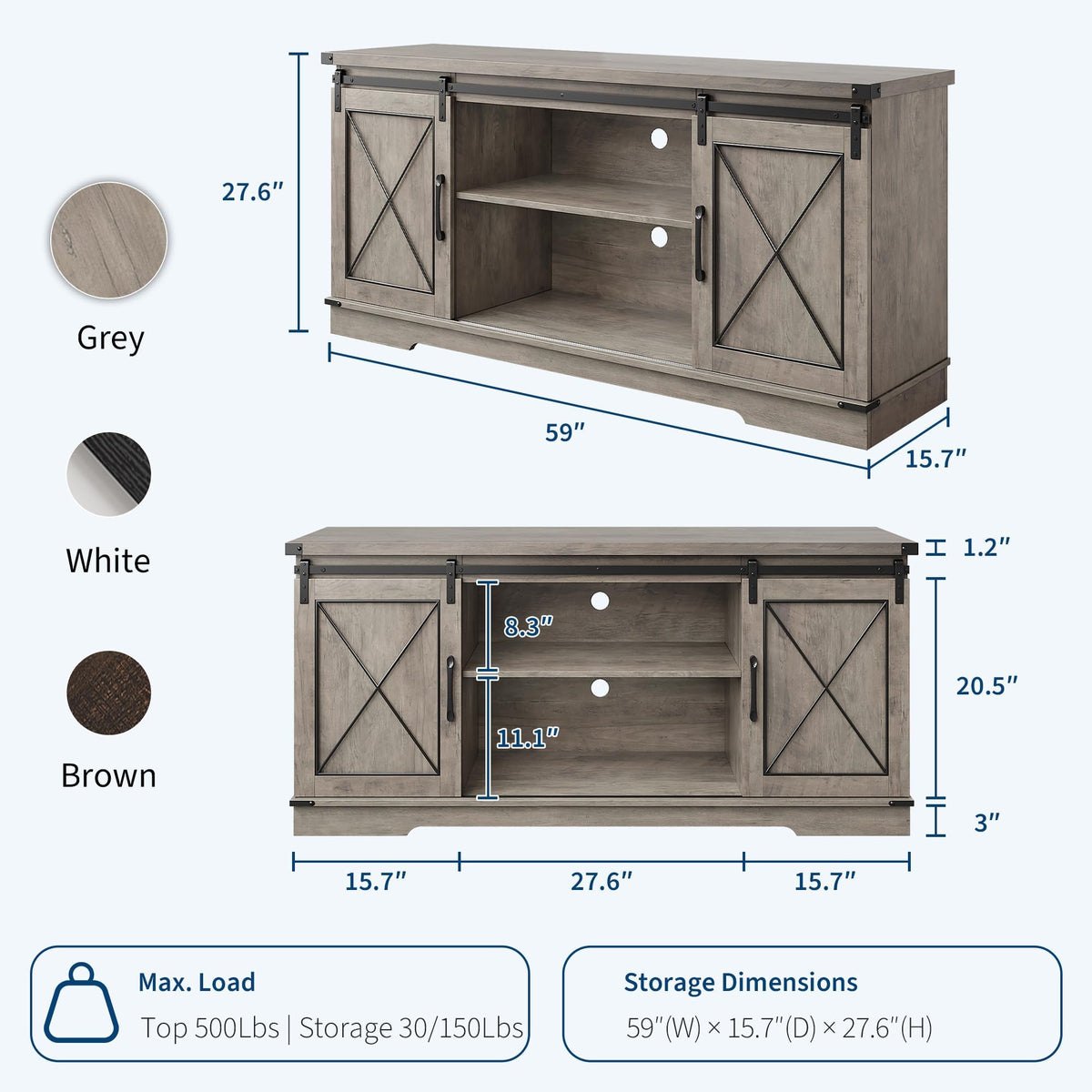Farmhouse TV Stand with Sliding Barn Doors and Storage Cabinets, Grey G4601