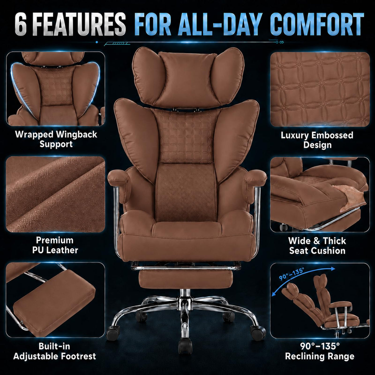 Big and Tall Brown Ergonomic Reclining Office Chair with Footrest U7322