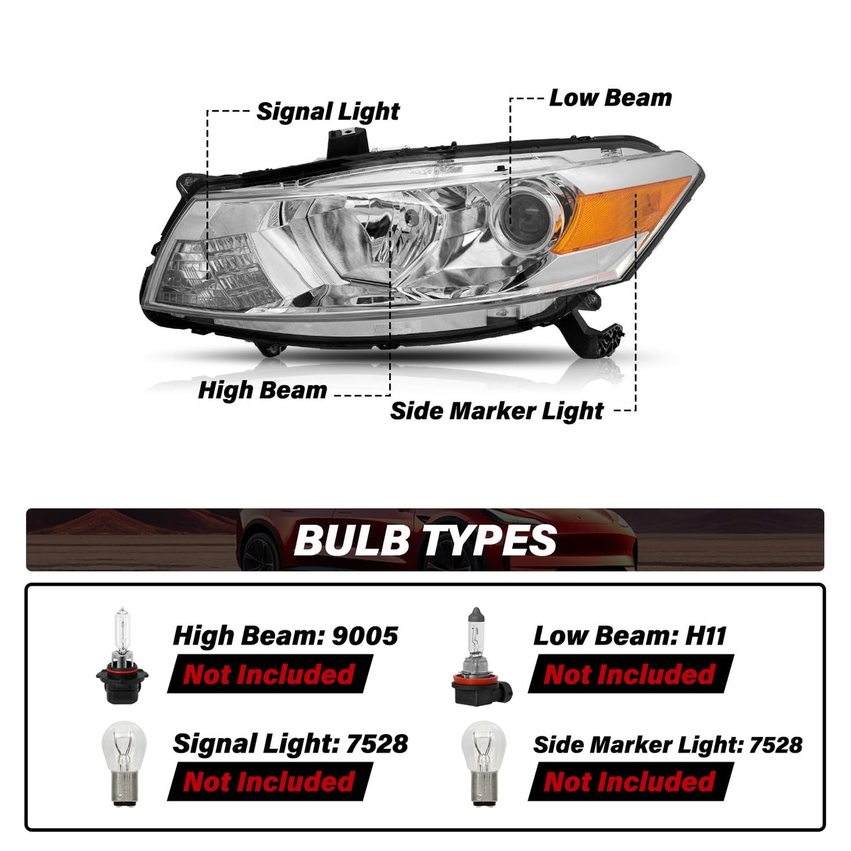 Headlight Assembly Replacement Chrome Housing with Amber Reflector L441