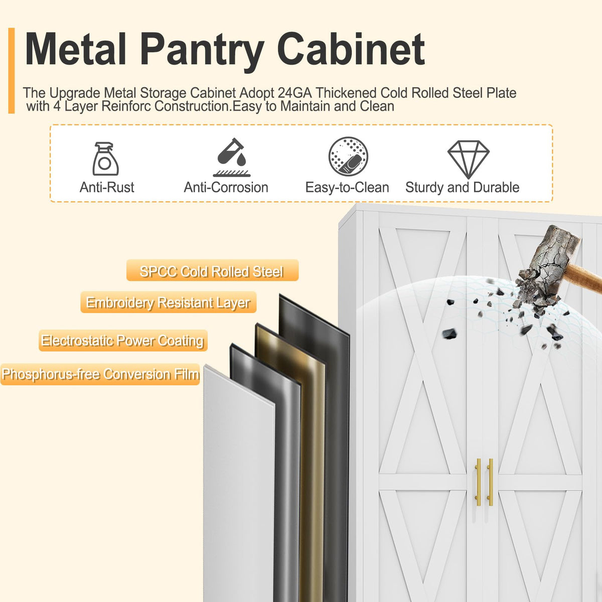 61" Metal Kitchen Pantry Storage Cabinet with 2 Doors and 3 Adjustable Shelves H7546