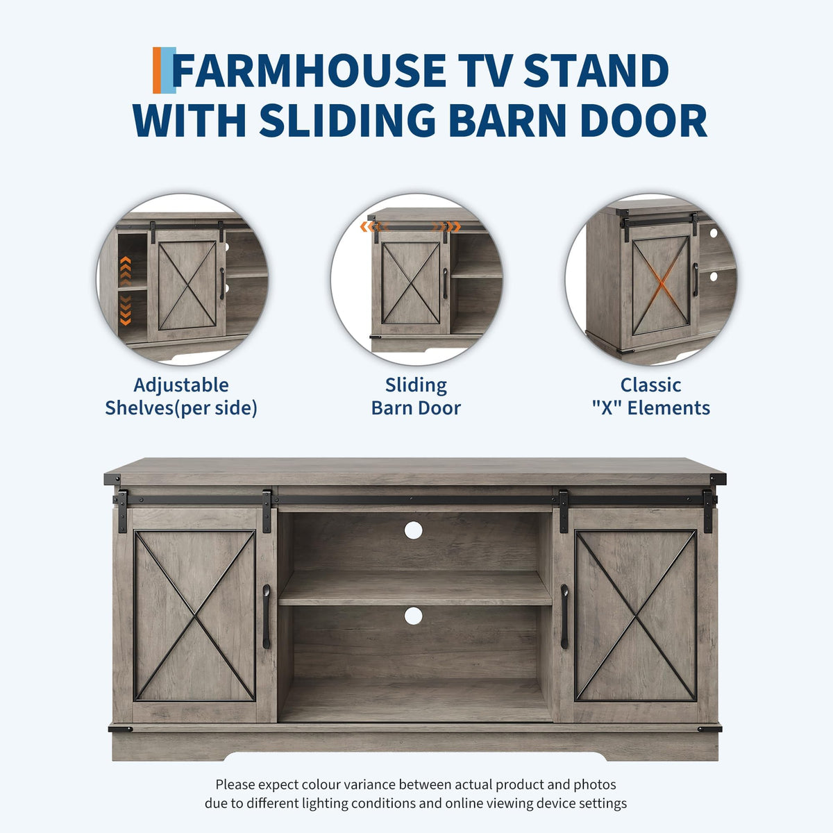 Farmhouse TV Stand with Sliding Barn Doors and Storage Cabinets, Grey G4601