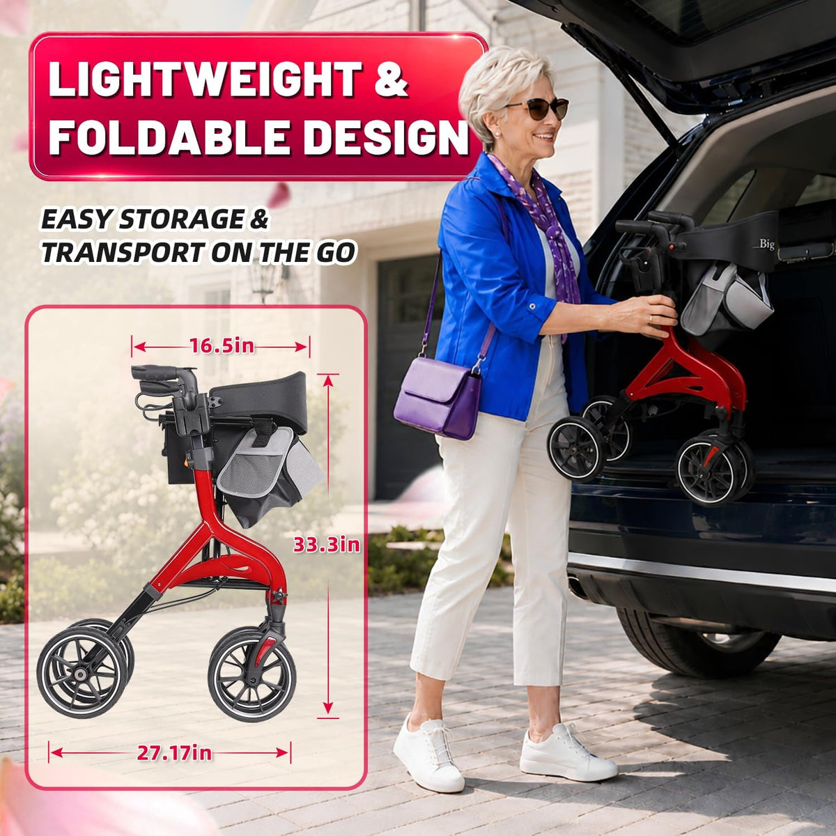 Foldable Red Rollator Walker with Seat Q581273