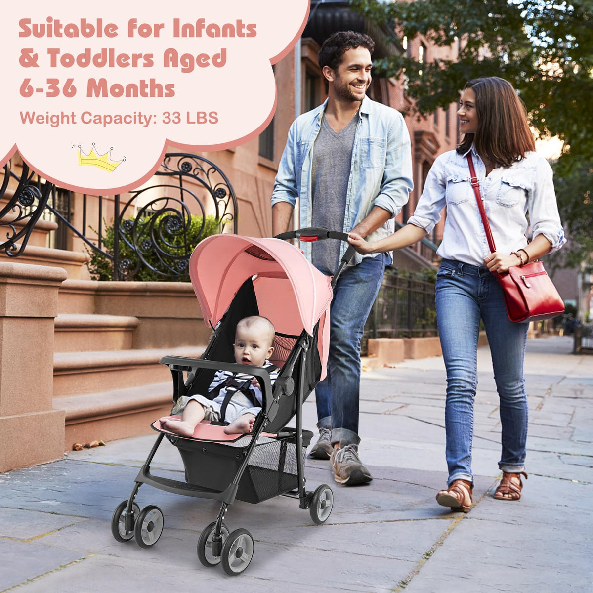 Lightweight Compact Fold Stroller with Canopy & Storage Basket, Pink V255485