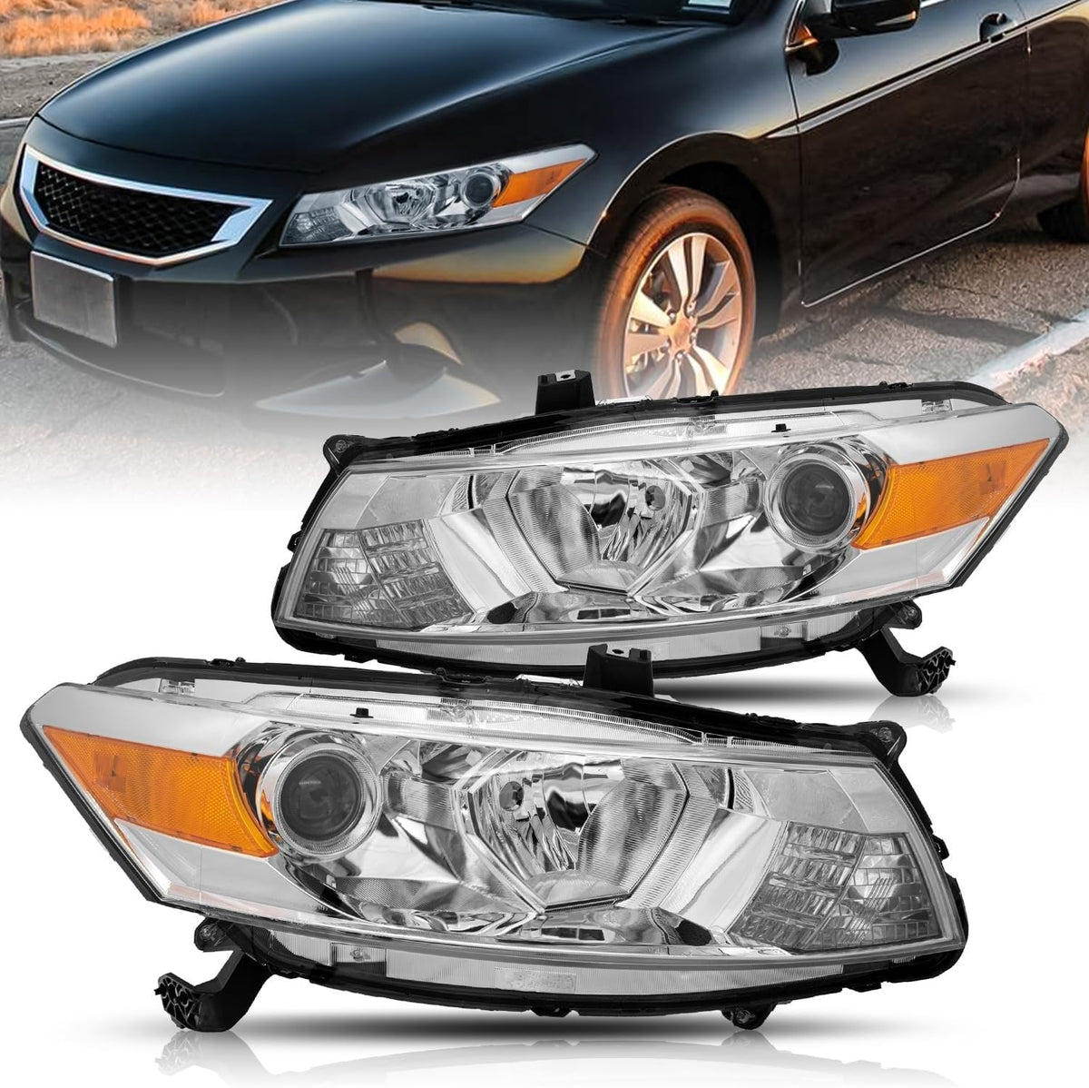 Headlight Assembly Replacement Chrome Housing with Amber Reflector L441