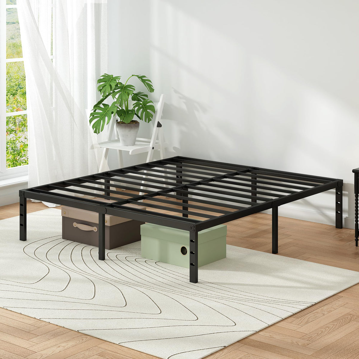 Black Metal Platform Bed Frame Full Size, 18 Inch Height with Underbed Storage M729