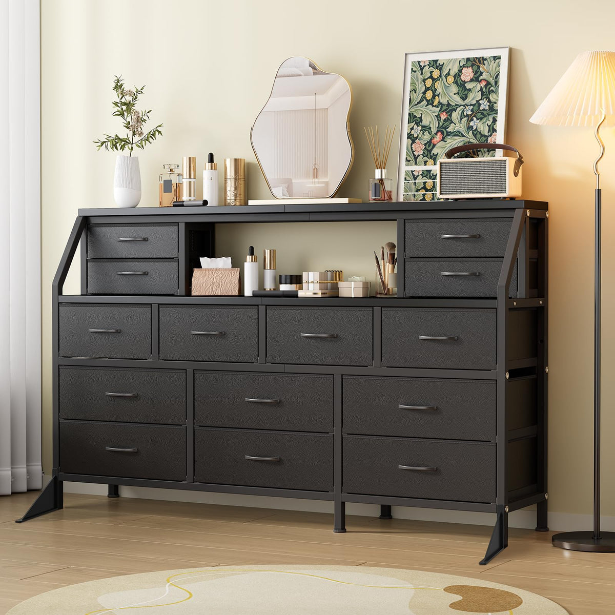 55" Black 14 Drawer Fabric Dresser with Open Shelf F169708
