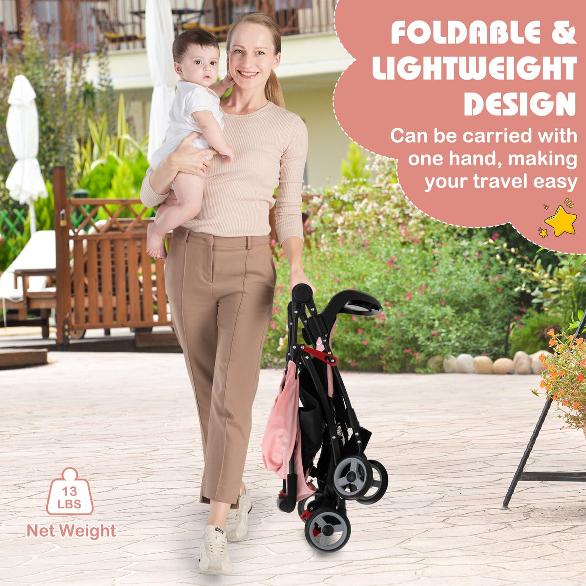 Lightweight Compact Fold Stroller with Canopy & Storage Basket, Pink V255485