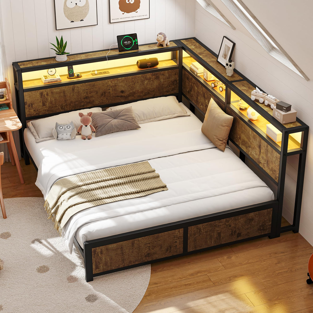 Queen Corner Bed Frame with Storage Headboard and Charging Station U3311