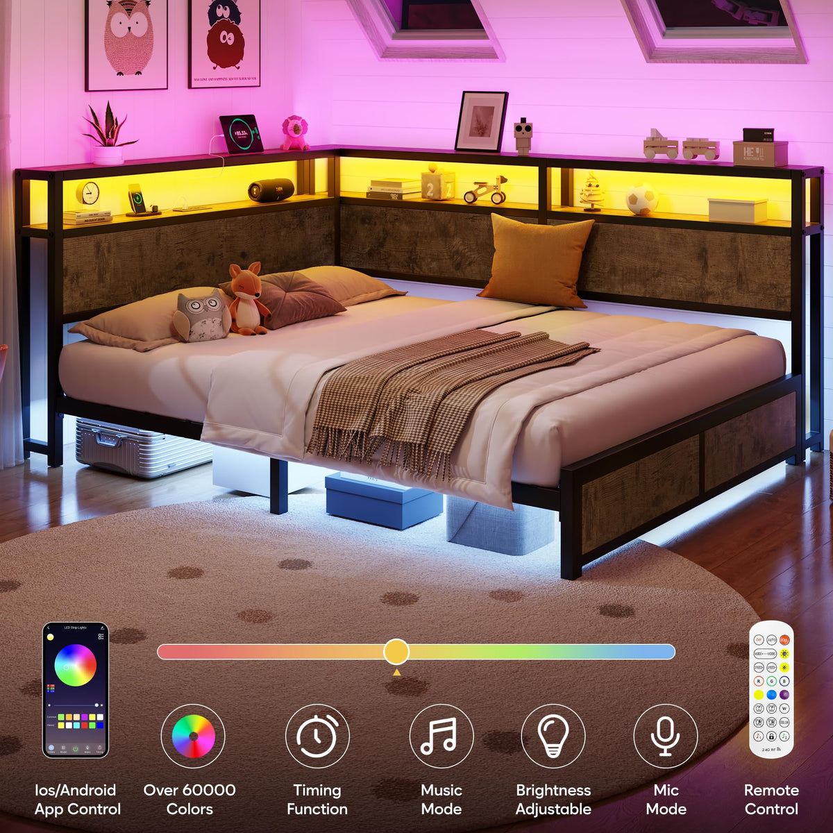 Queen Corner Bed Frame with Storage Headboard and Charging Station U3311