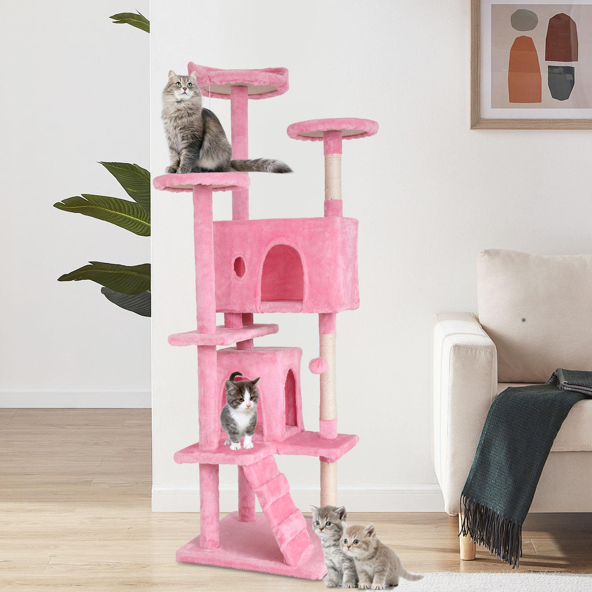 70-inch Pink Multi-Level Cat Tower & Cat Condo with Scratching Post O145
