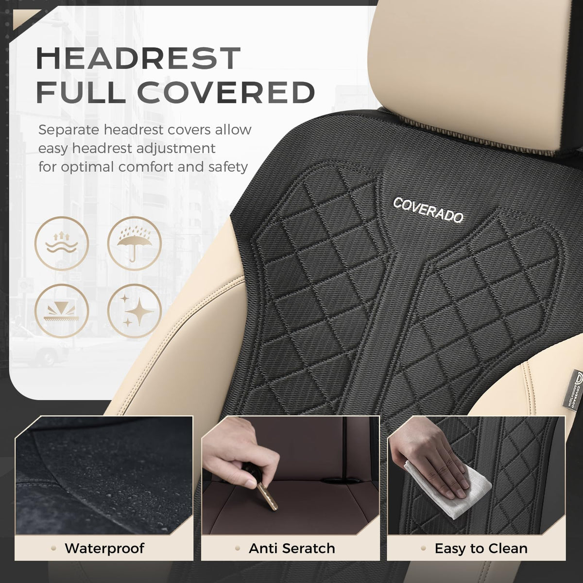 Beige 5-Piece PU Leather Mesh Car Seat Covers U77553