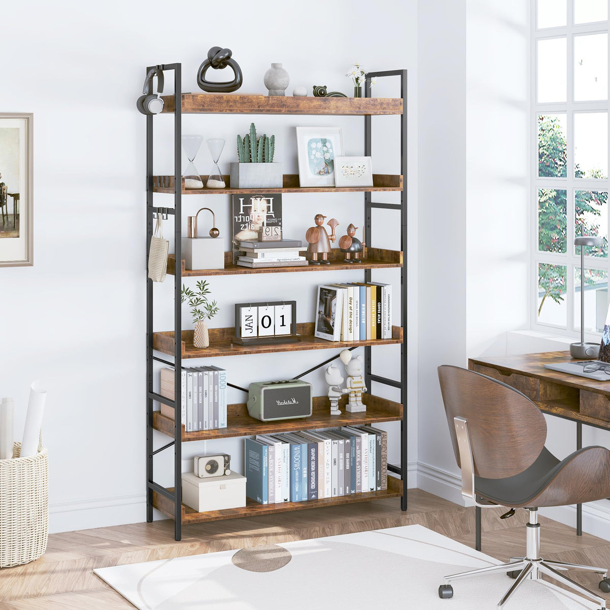 Adjustable 6-Tier Wood and Black Metal Bookshelf R80129