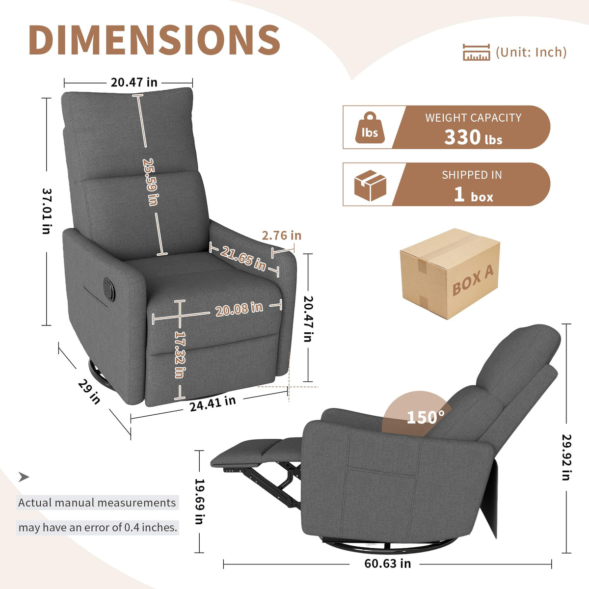 Dark Gray Swivel Rocker Recliner Chair O231078