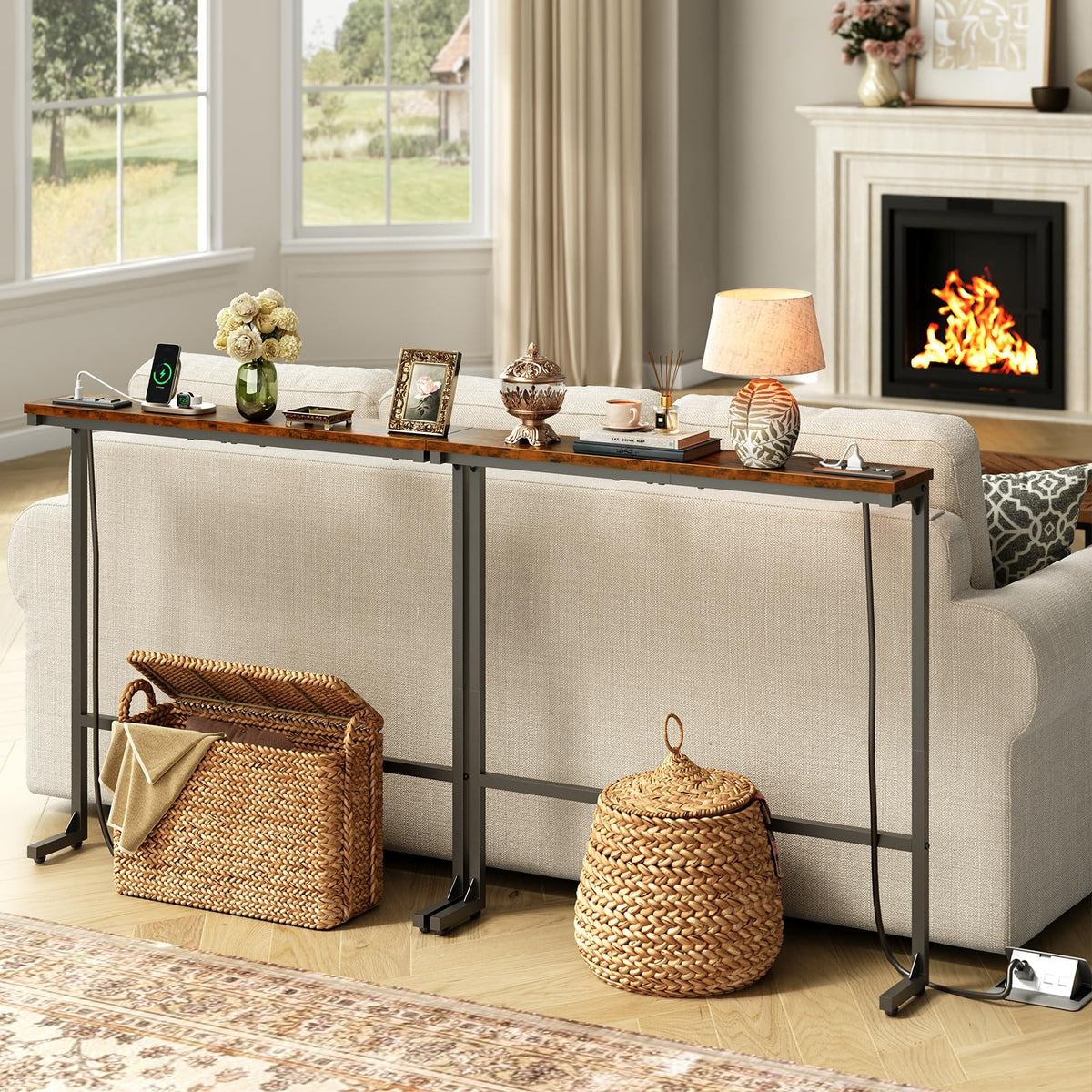 63 Inch Narrow Console Table with 2 Power Outlets K818273
